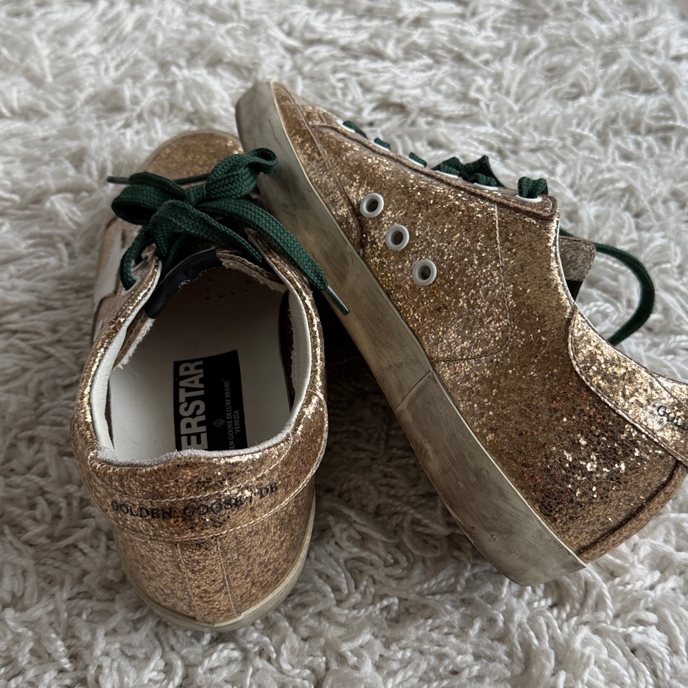 Gold Glitter Star Sneakers with Dark Green Laces - Picture 7 of 9